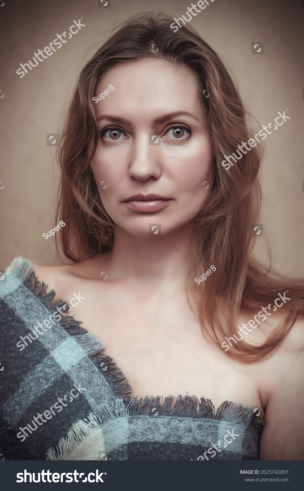 Portrait Beautiful Nude Woman Wrapped Checkered Stock Photo 2025742097