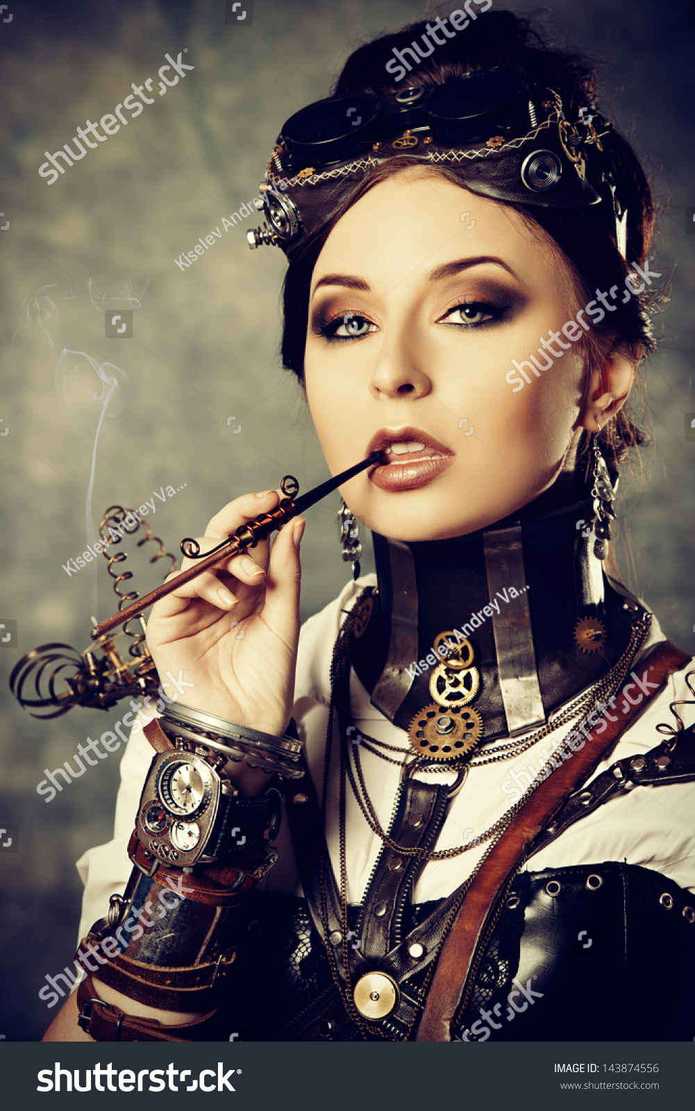 Portrait Of A Beautiful Steampunk Woman Over Grunge Background Stock Photo Shutterstock