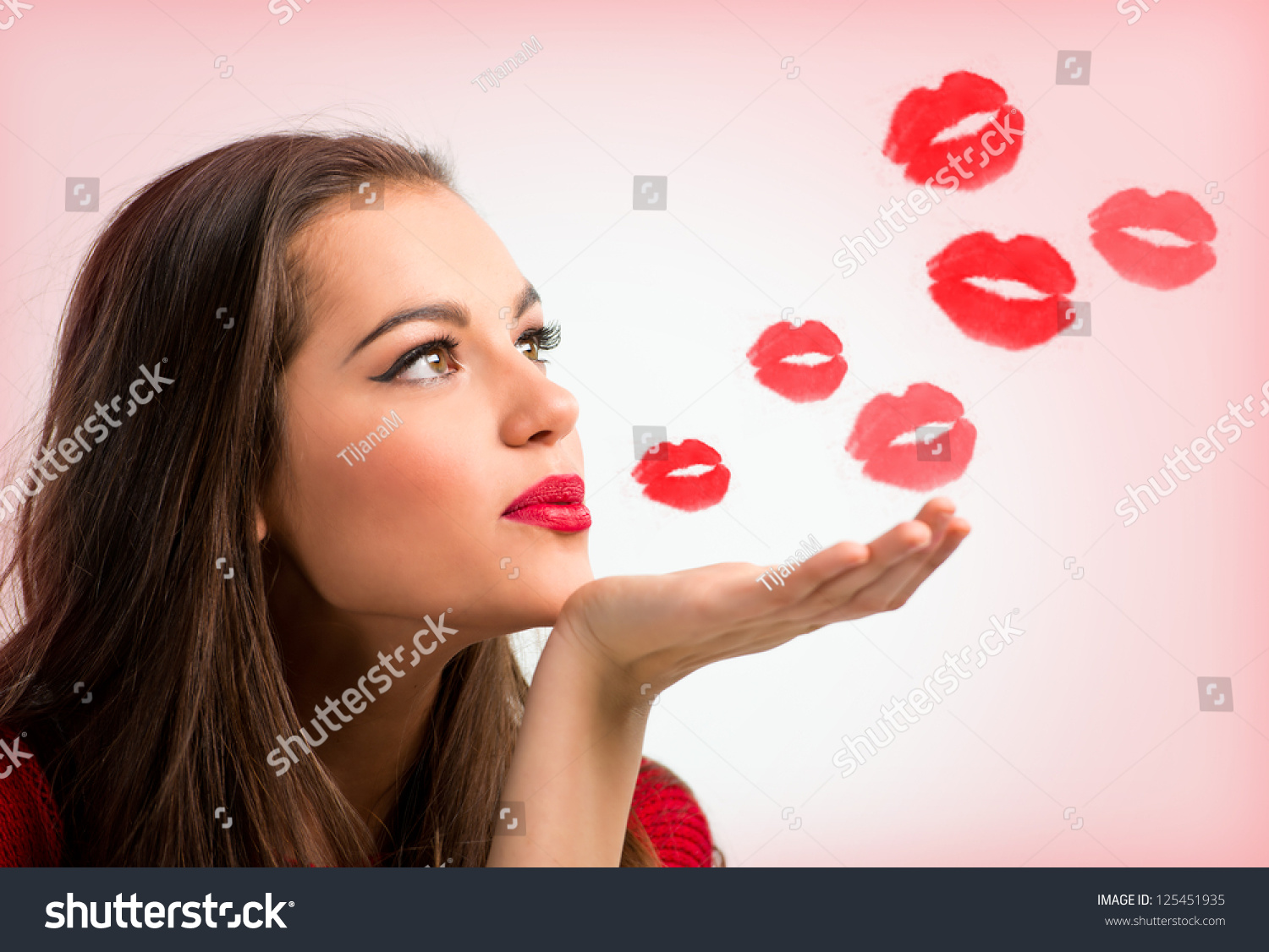 Portrait Beautiful Woman Blowing Red Kisses Stock Photo