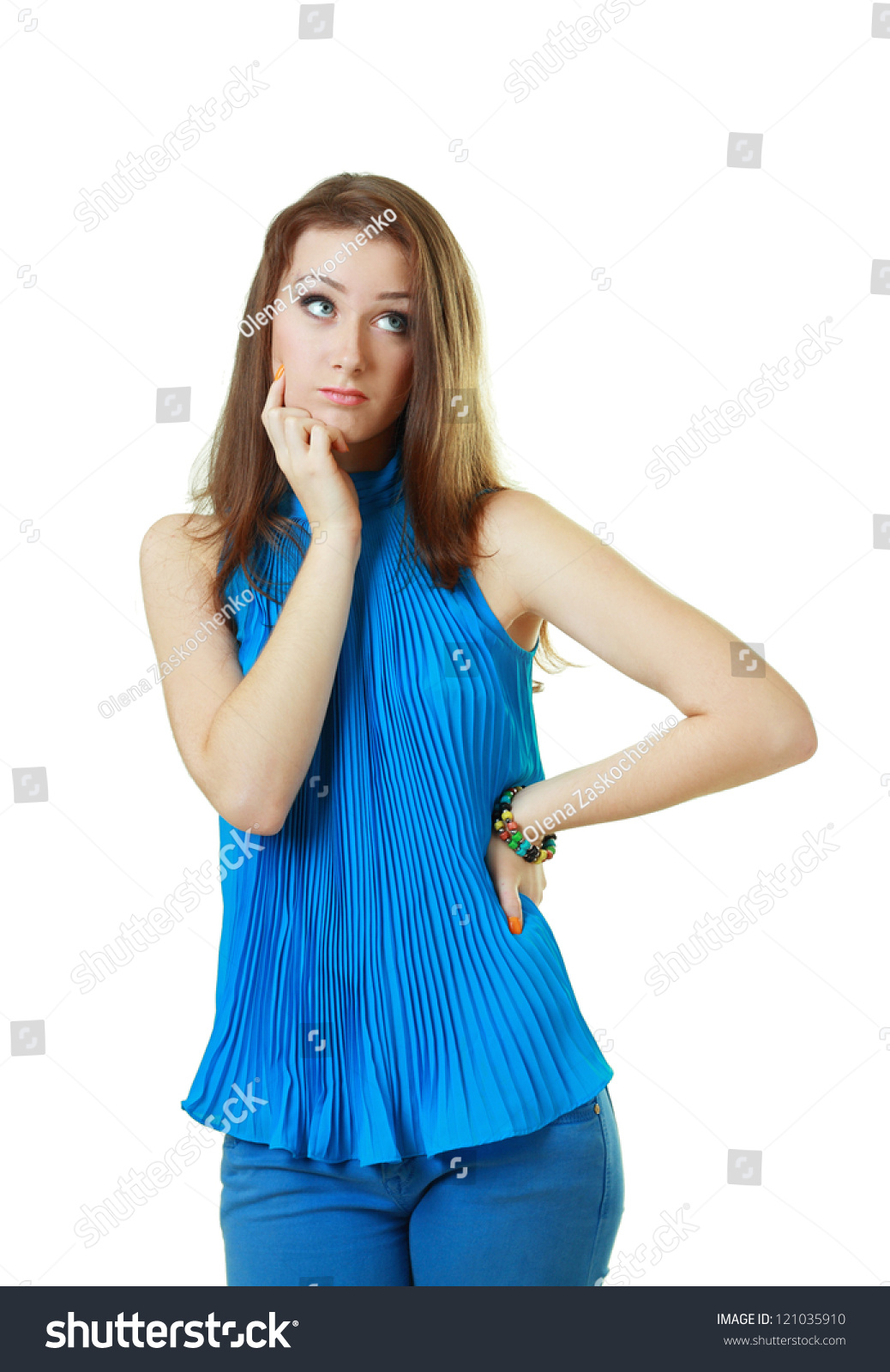 Portrait Of Attractive Teenage Girl Think Looking Up Wear Bl