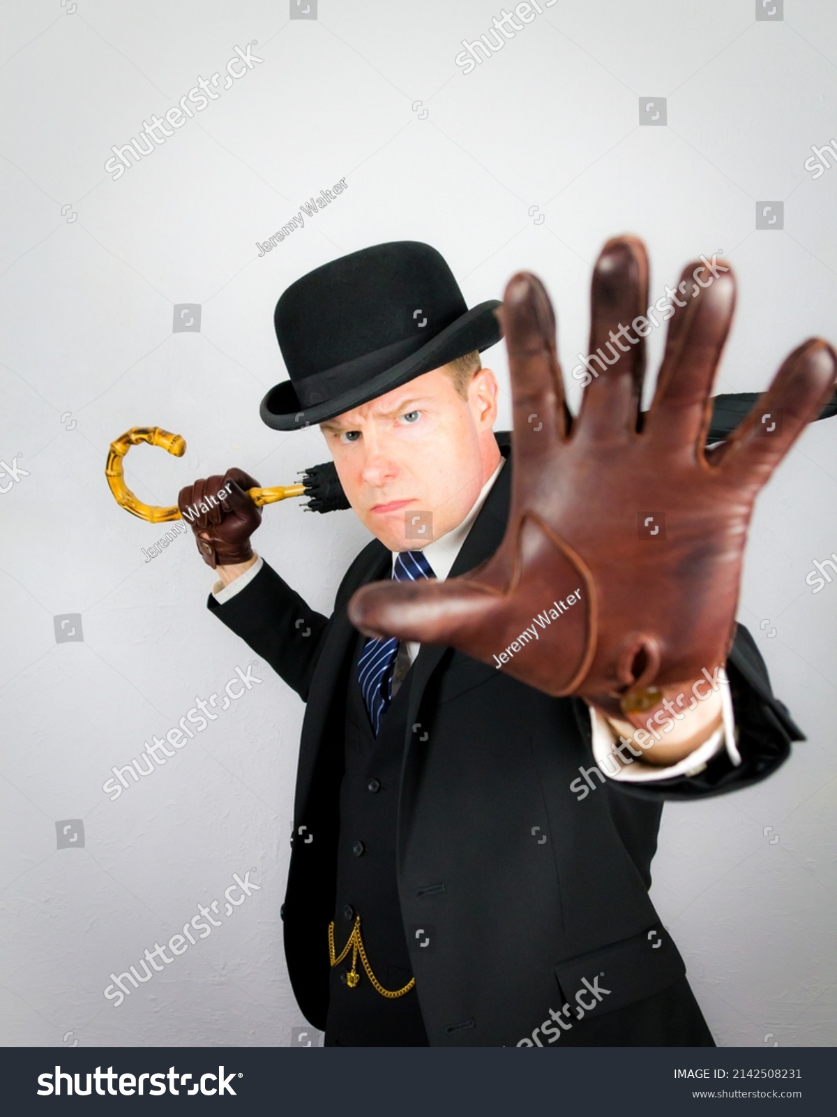 Portrait British Businessman Dark Suit Bowler Stock Photo 2142508231