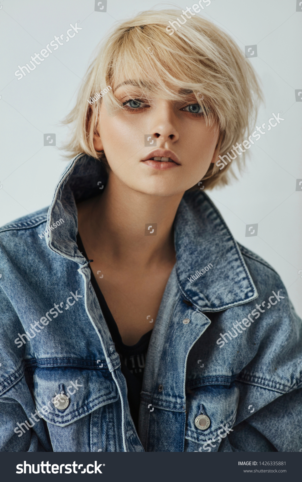 Portrait Fashion Blonde Woman Short Hair Stock Photo