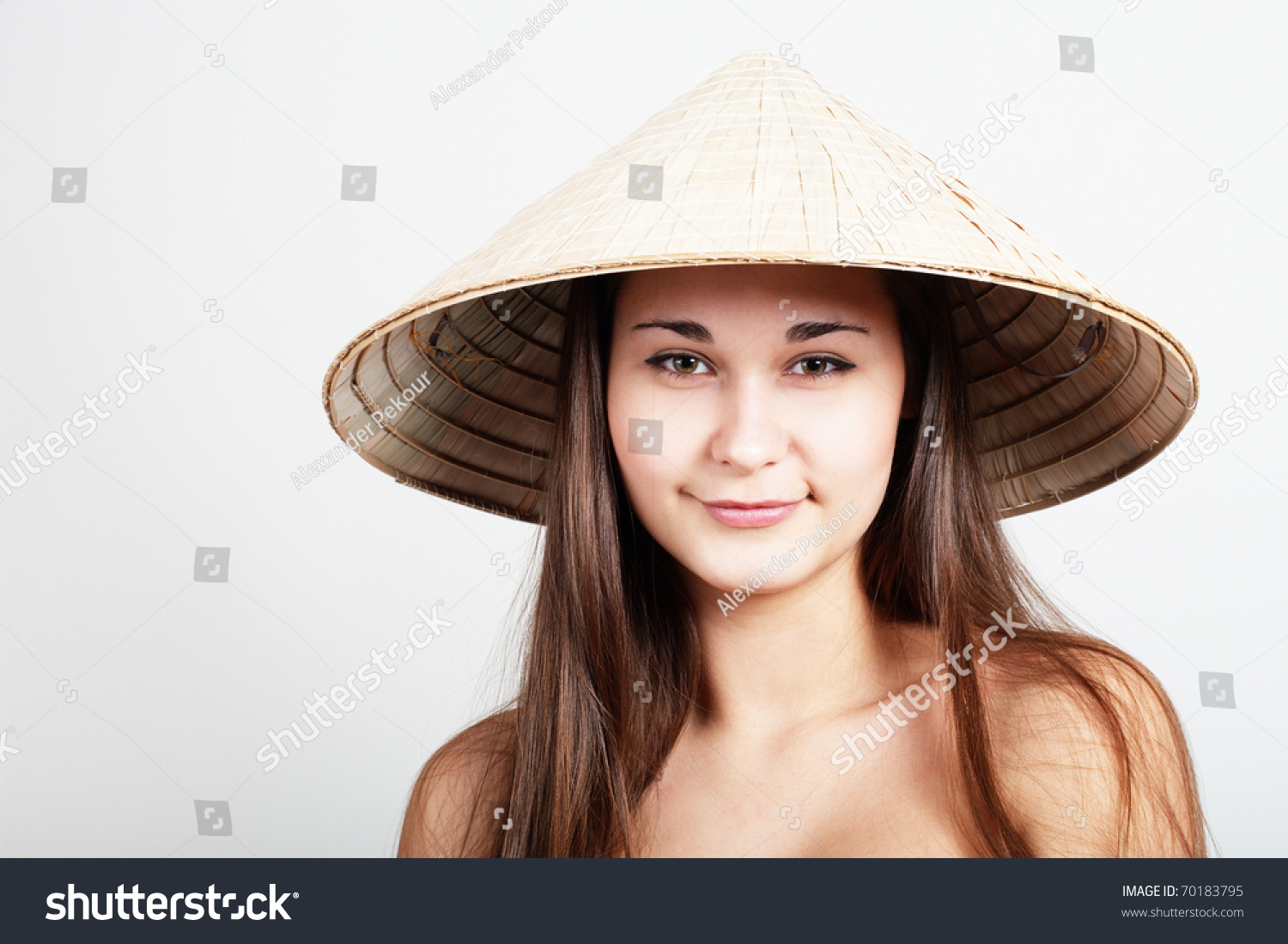 Portrait Girl Naked Shoulders Vietnamese Hat Stock Photo 