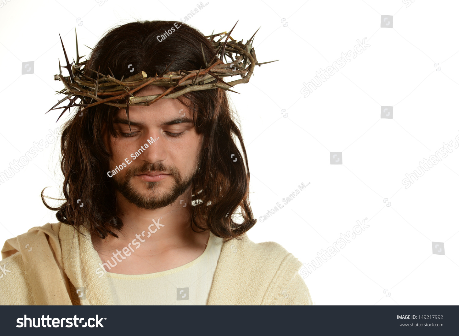 Portrait Of Jesus With Crown Of Thorns Isolated On A White Background