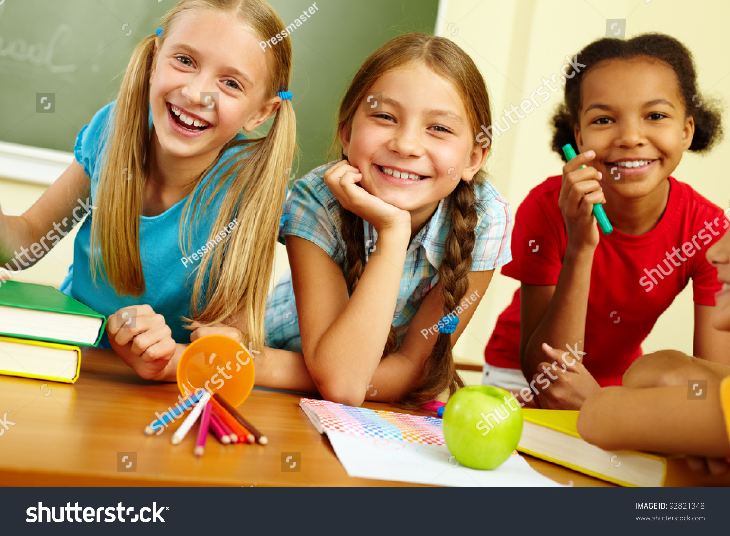 Portrait Joyful Schoolgirls Laughing Classroom Stock Photo 92821348 