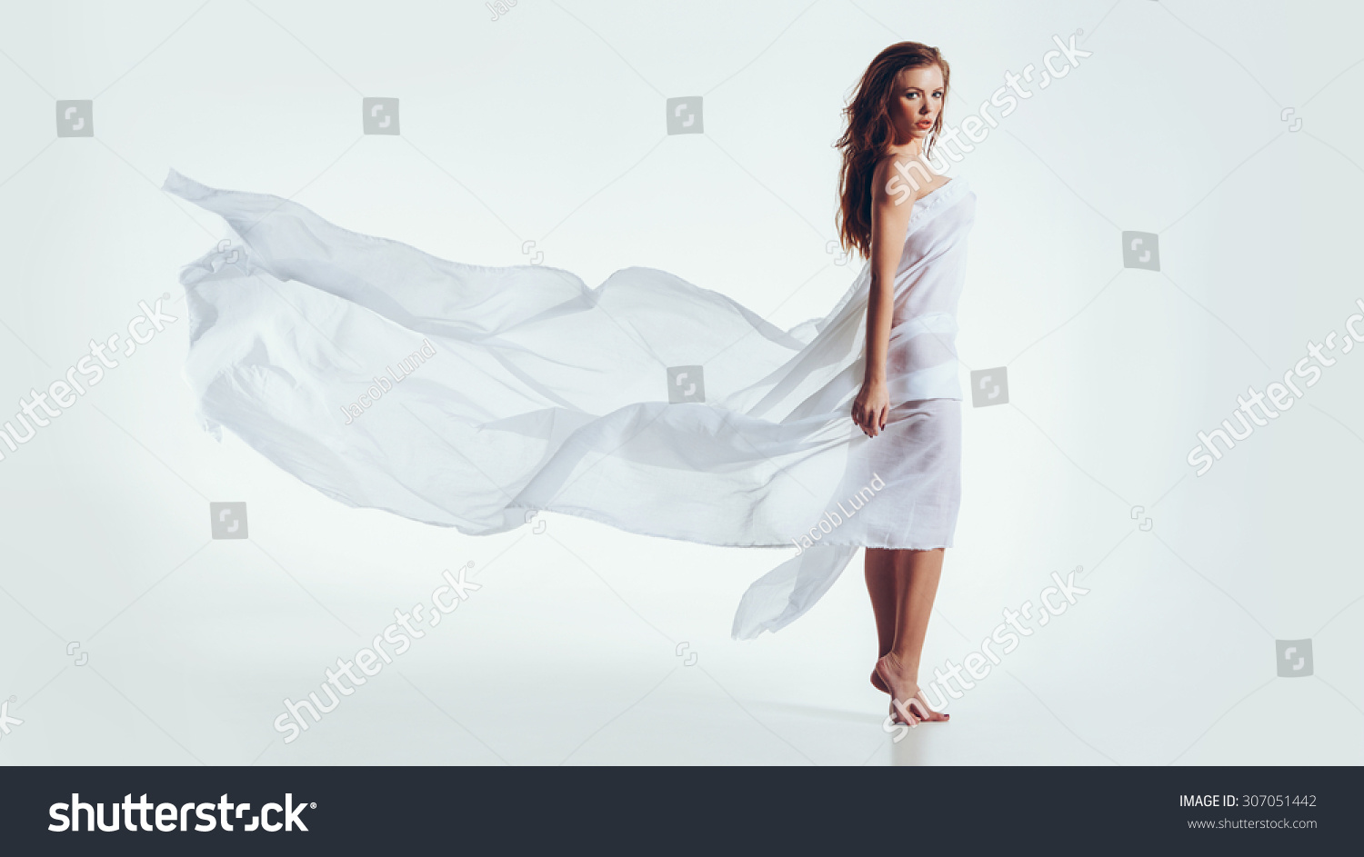 Portrait Naked Woman Wrapped White Fabric Stock Photo Edit Now