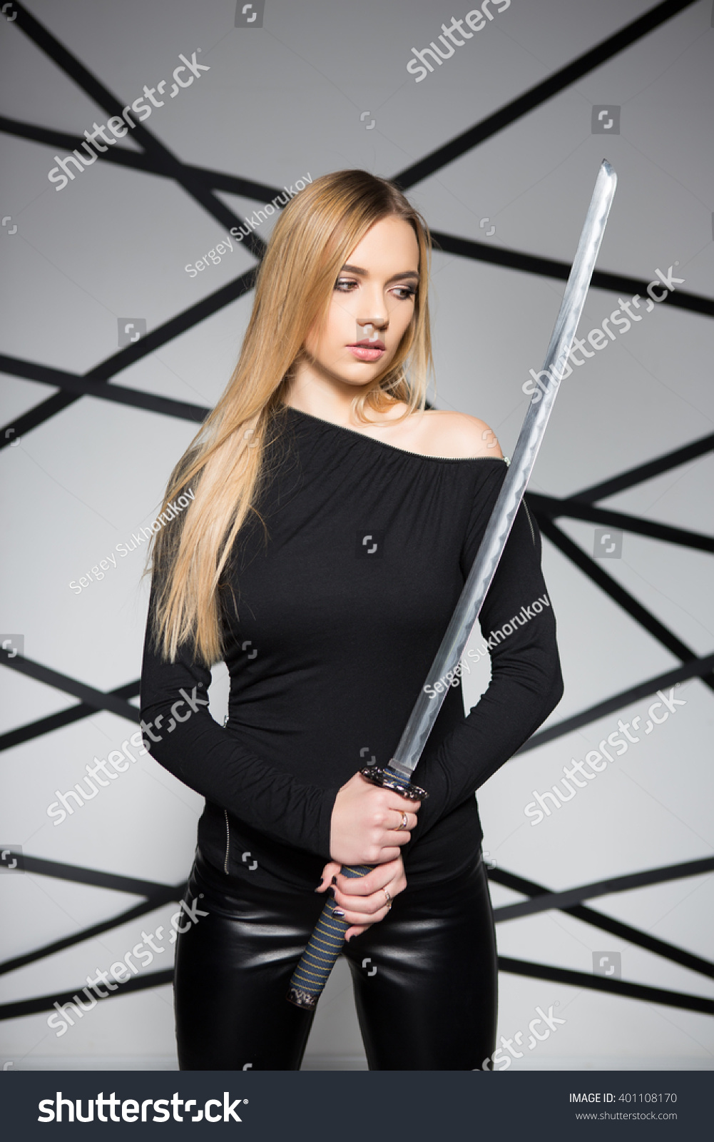 Portrait Pensive Blond Woman Posing Sword Stock Photo ...