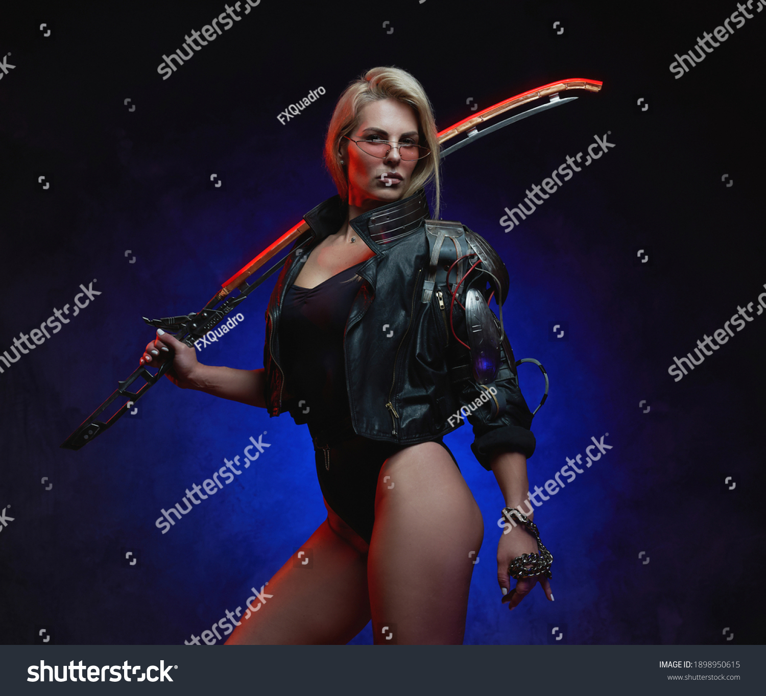 Portrait Sexy Futuristic Woman Warrior Blond Stock Photo