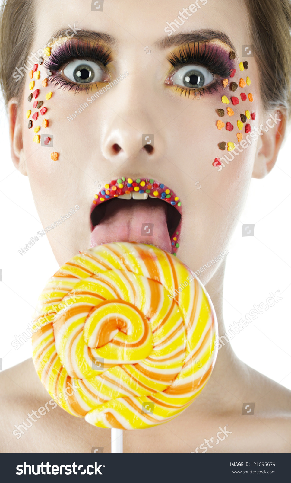 Portrait Of Woman, Girl Lick Tongue Round Yellow-orange Candy With 