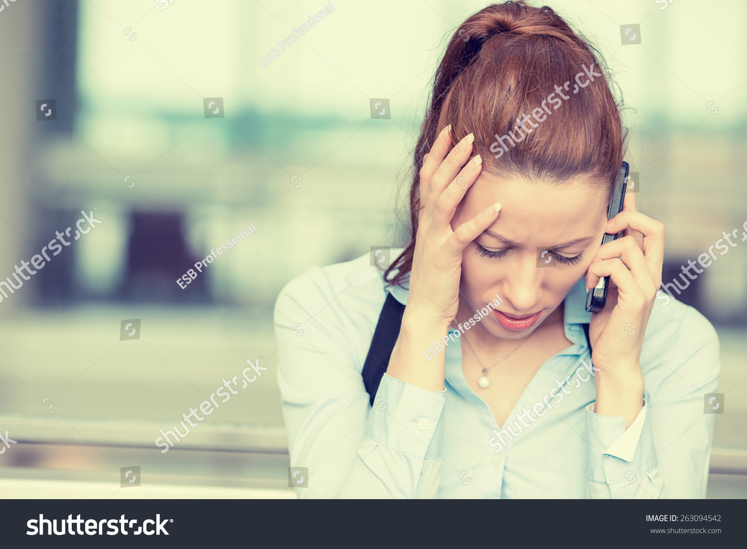 Portrait Unhappy Young Woman Talking On Stock Photo 263094542