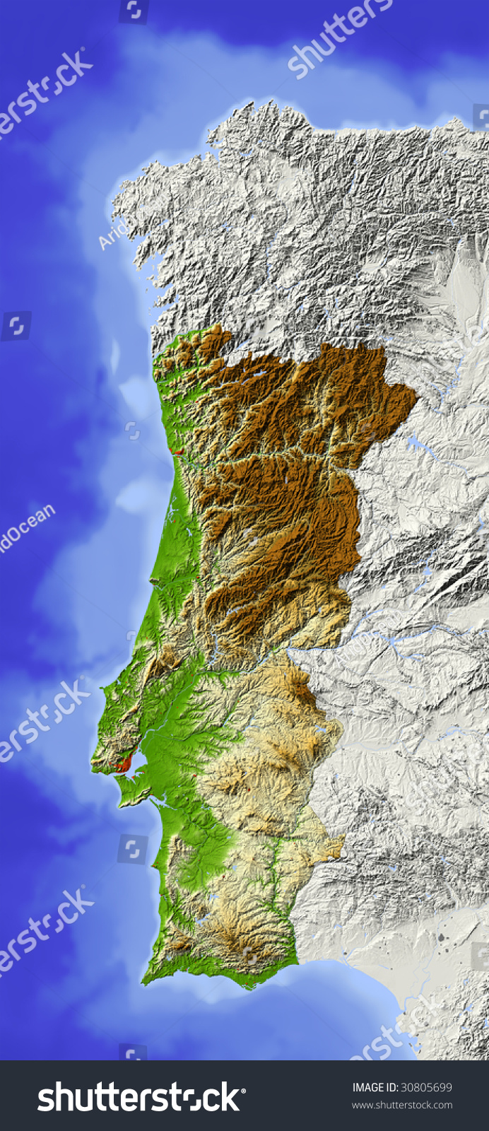 portugal-shaded-relief-map-surrounding-territory-greyed-out-colored