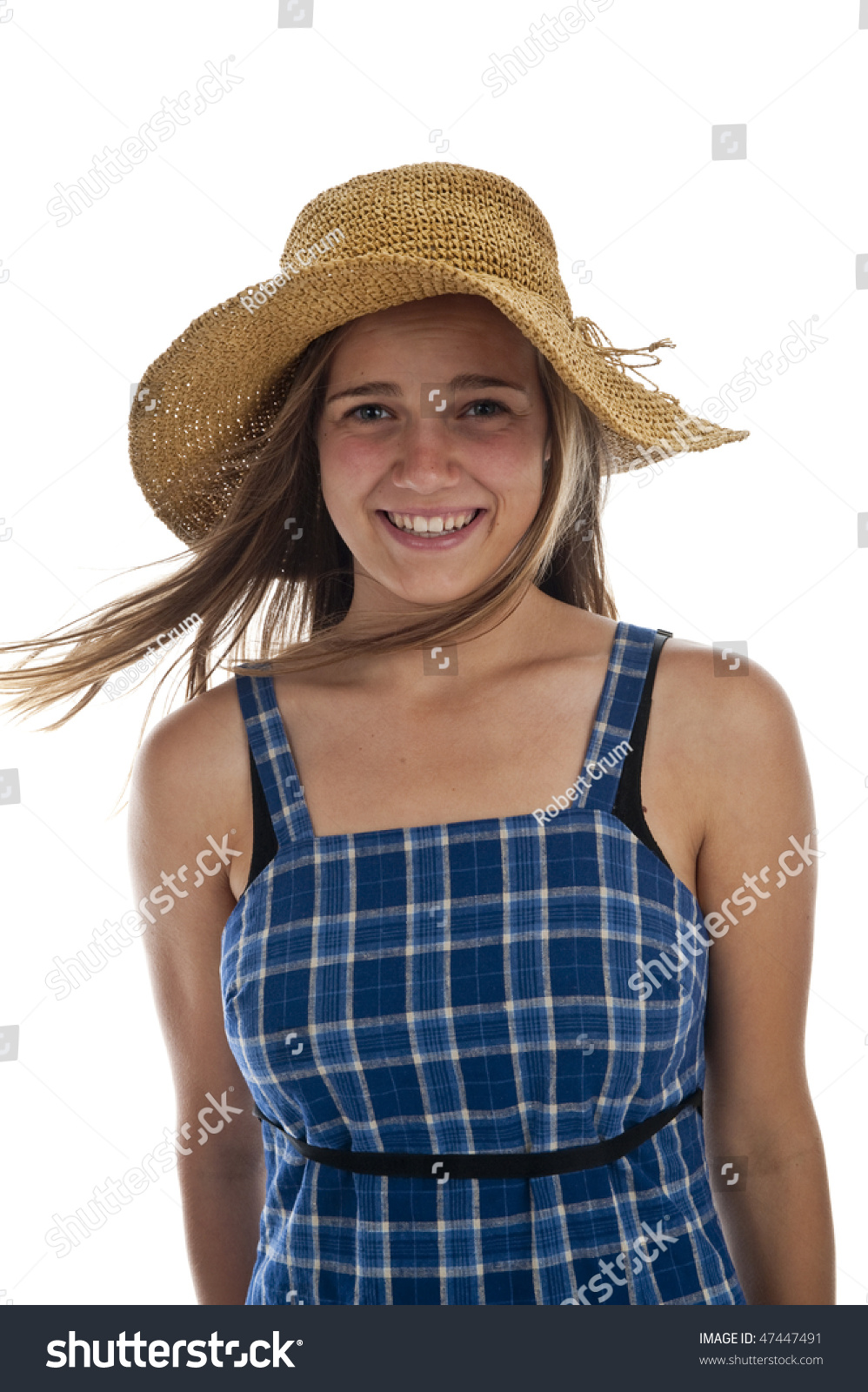 Pretty Teen Girl Wearing An Old Straw Hat Stock Photo