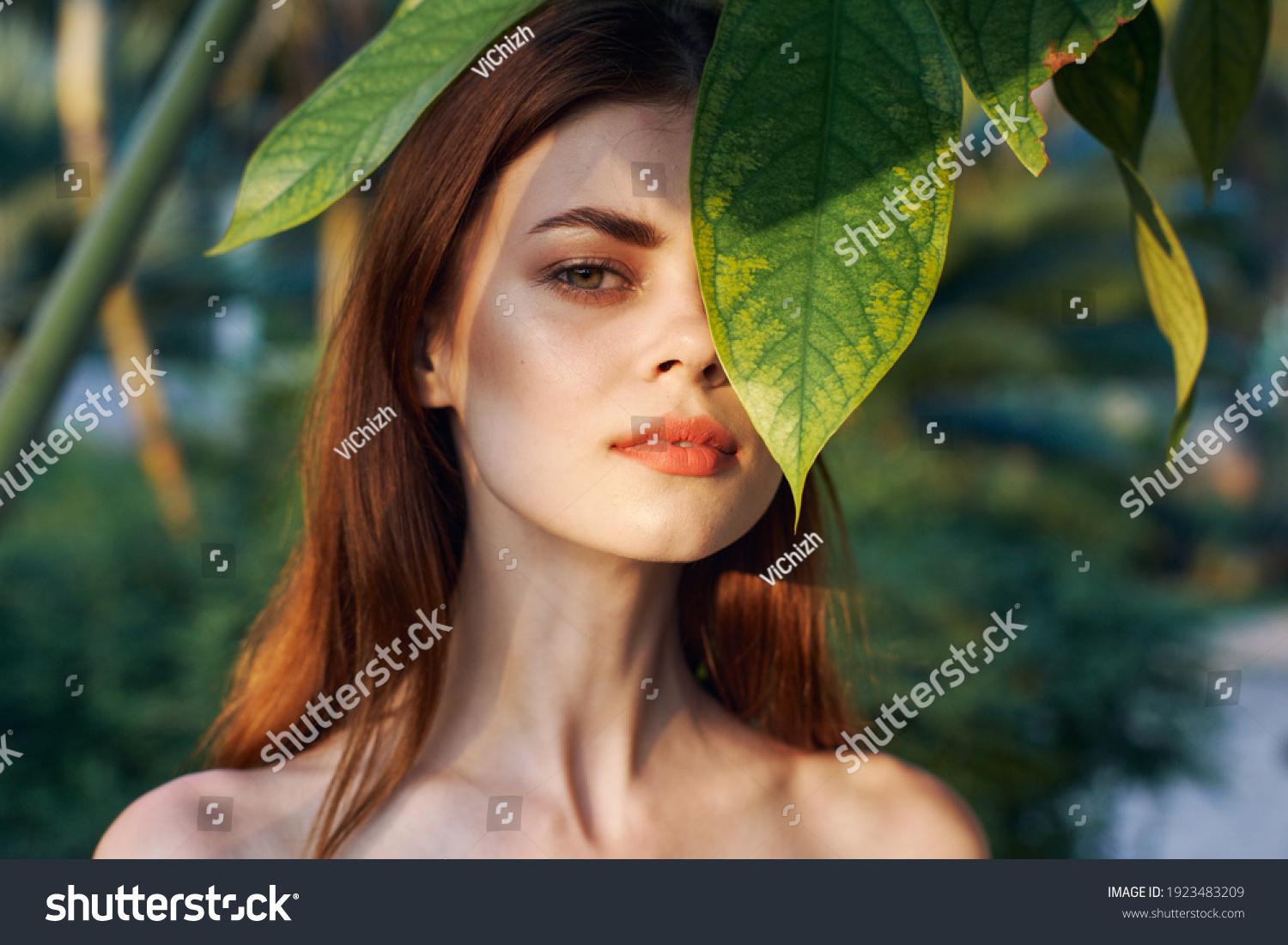 Pretty Woman Naked Shoulders Green Leaves Stock Photo 1923483209