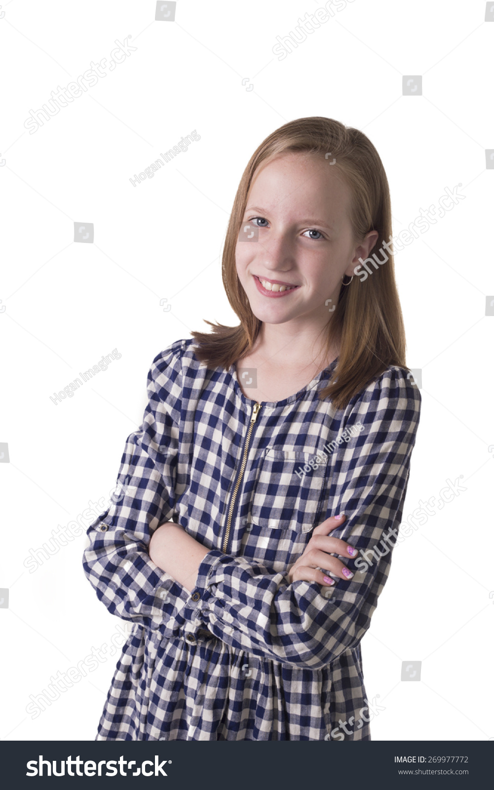 Pretty Young Tween Girl Smiling Confidently Isolated On White Stock