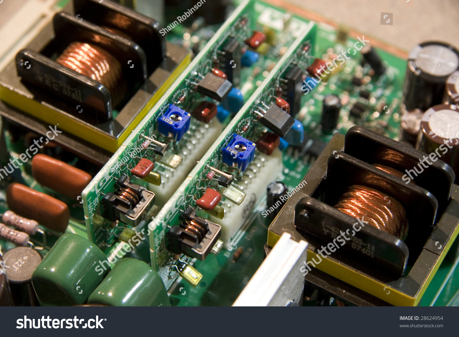 Printed Circuit Boards Showing Components , Transistors And Coils Stock