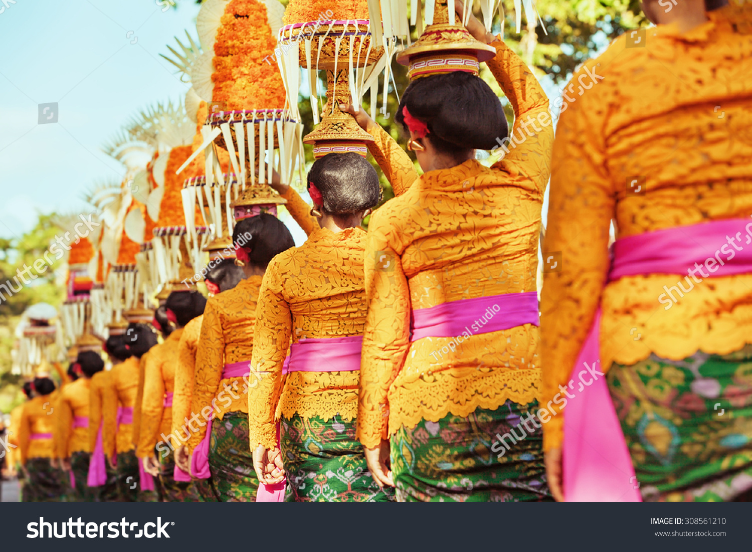 Procession Of Beautiful Balinese Women In Traditional Costumes Sarong