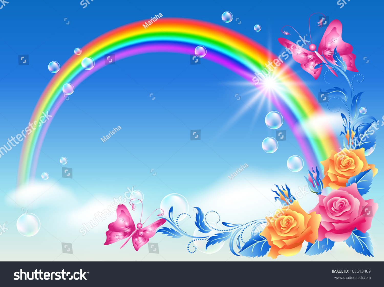 Rainbow, Roses And Butterfly. Raster Version Of Vector ...