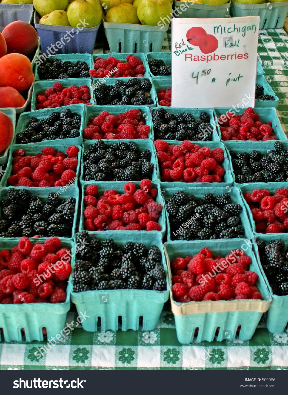 Raspberries And Blackberries For Sale At Farmer'S Market Stock Photo