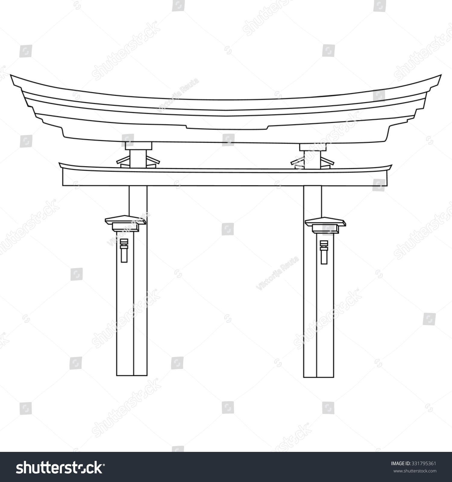 Raster Illustration Of Japanese Gate Outline Drawing. Torii Gate. Japan