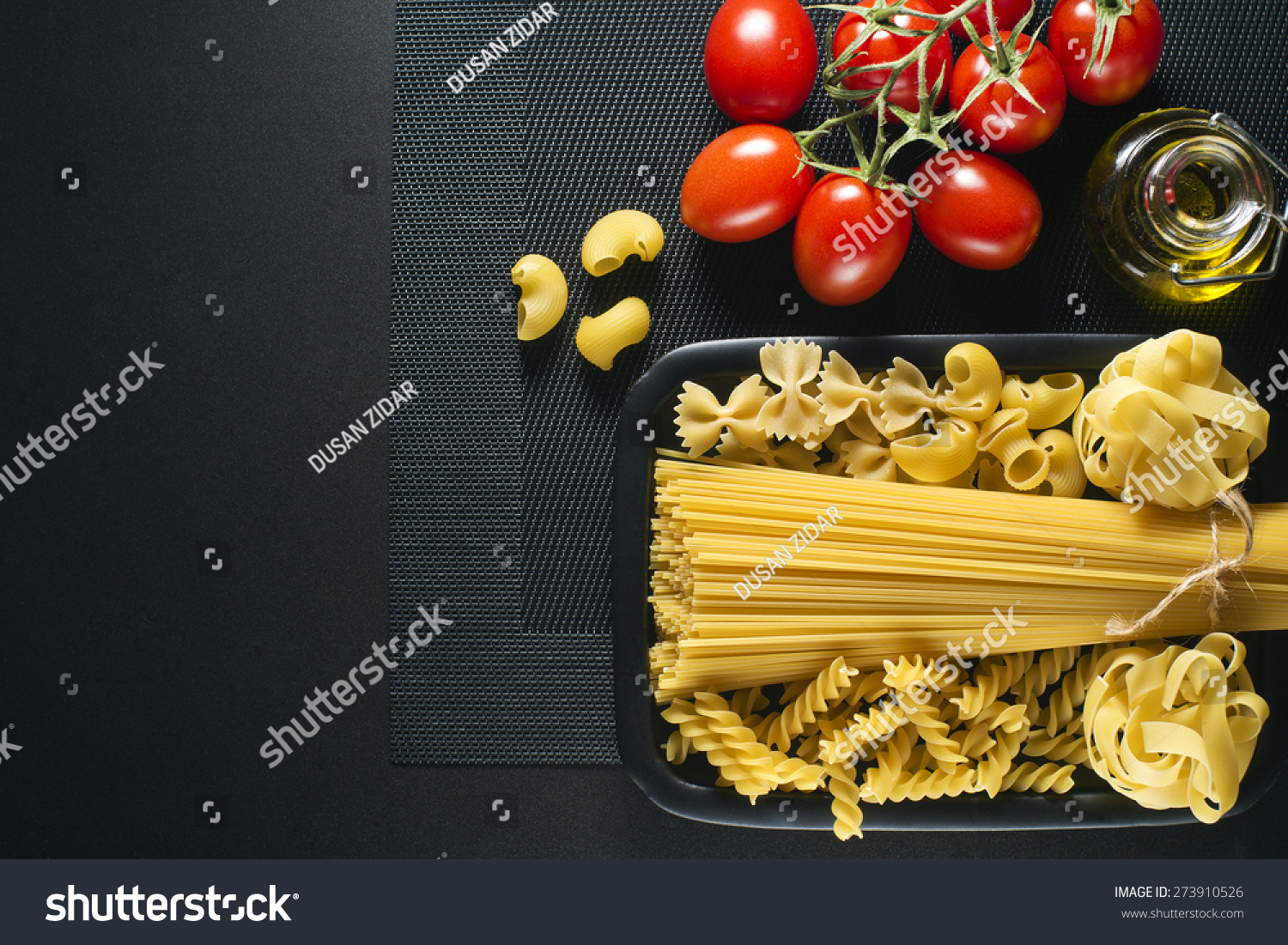 Raw Mixed Pasta On Black Background Overhead Shoot Stock Photo 