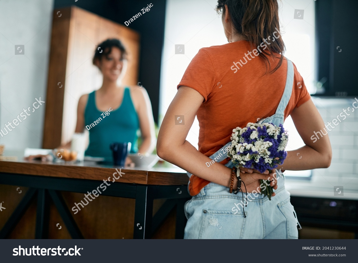 Rear View Lesbian Woman Holding Bouquet Stock Photo 2041230644