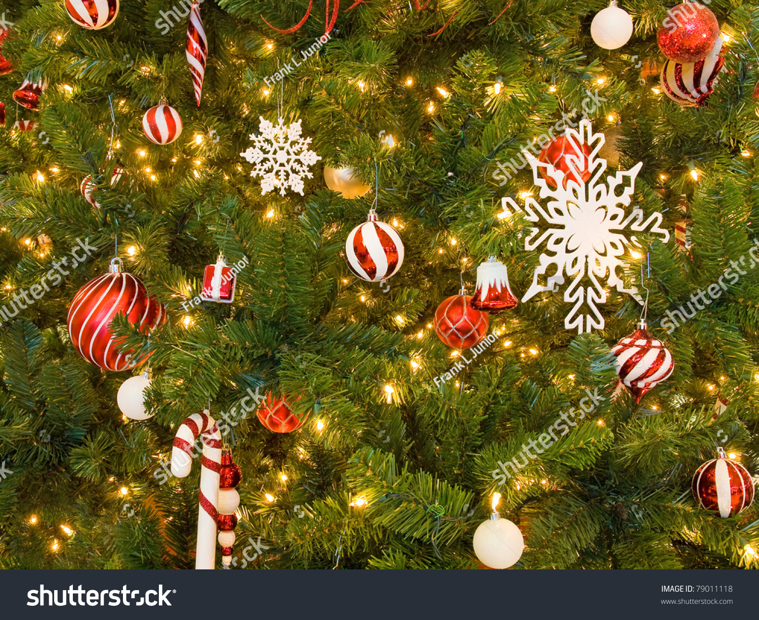 Red And White Christmas Ornaments On A Green Tree With White Lights Stock Photo 79011118 ...