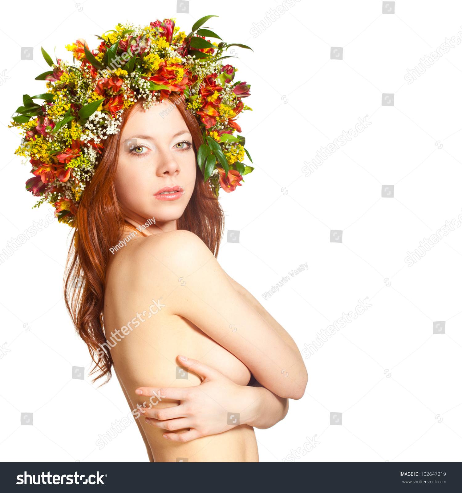 Red Haired Naked Woman Flower Wreath Foto De Stock Shutterstock