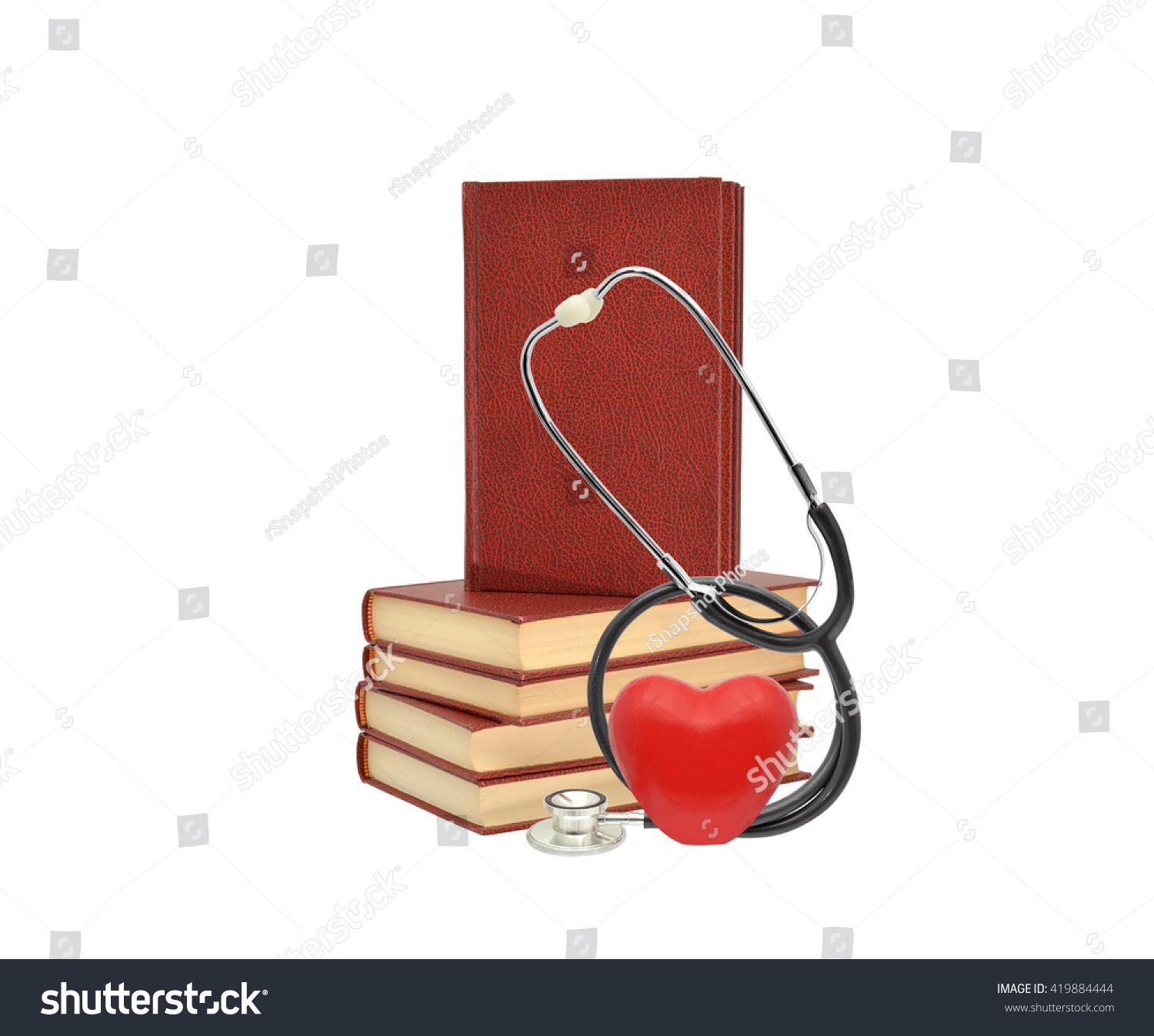 Red Heart Stethoscope Stack of Hard Cover Books isolated on white background Red Heart Stethoscope Stack of Hard Cover Books isolated on white background
