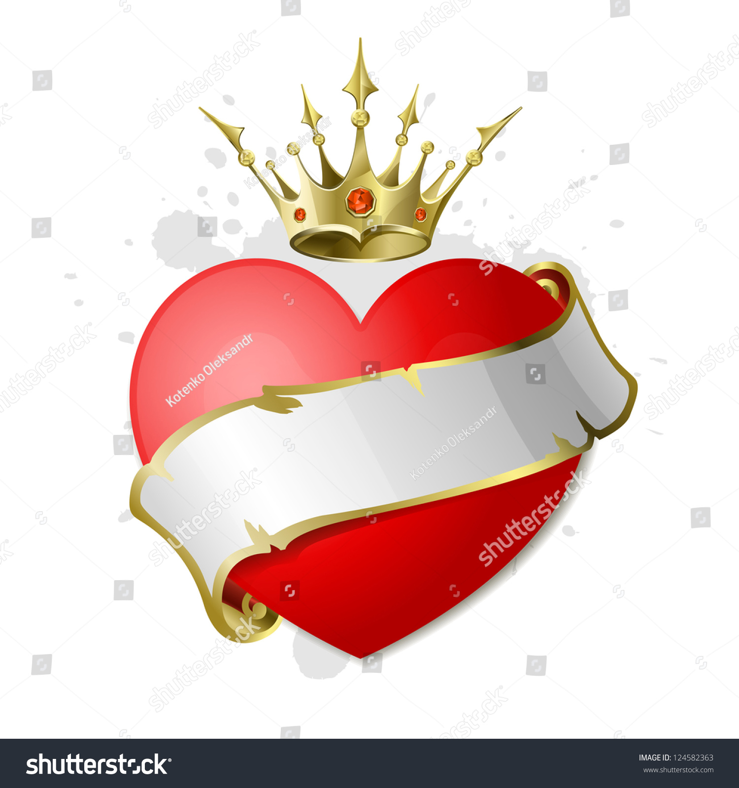 Red Heart With White Ribbon And A Golden Crown. Illustration On The