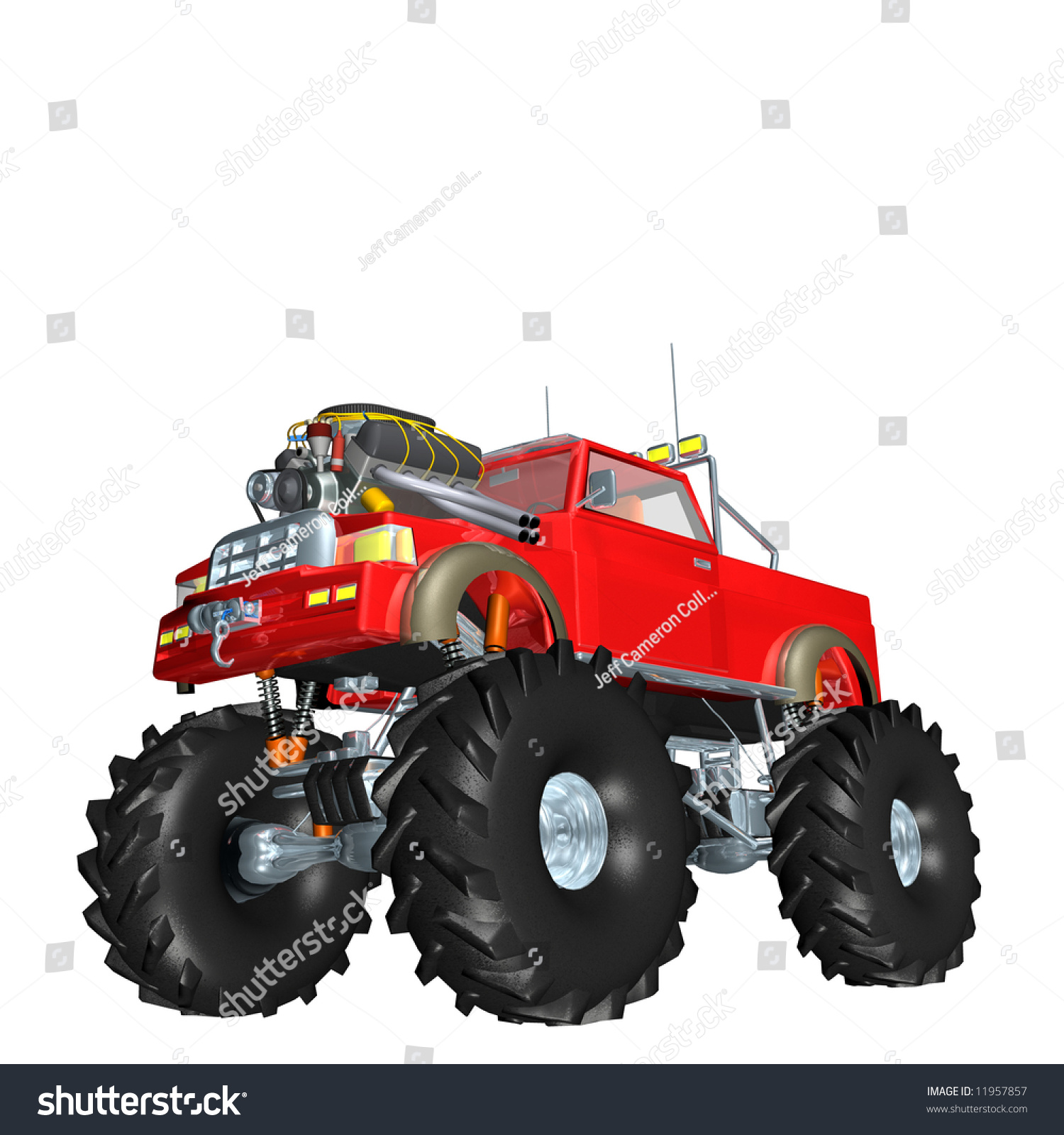 Red Monster Truck With Huge Engine. Isolated On A White Background 