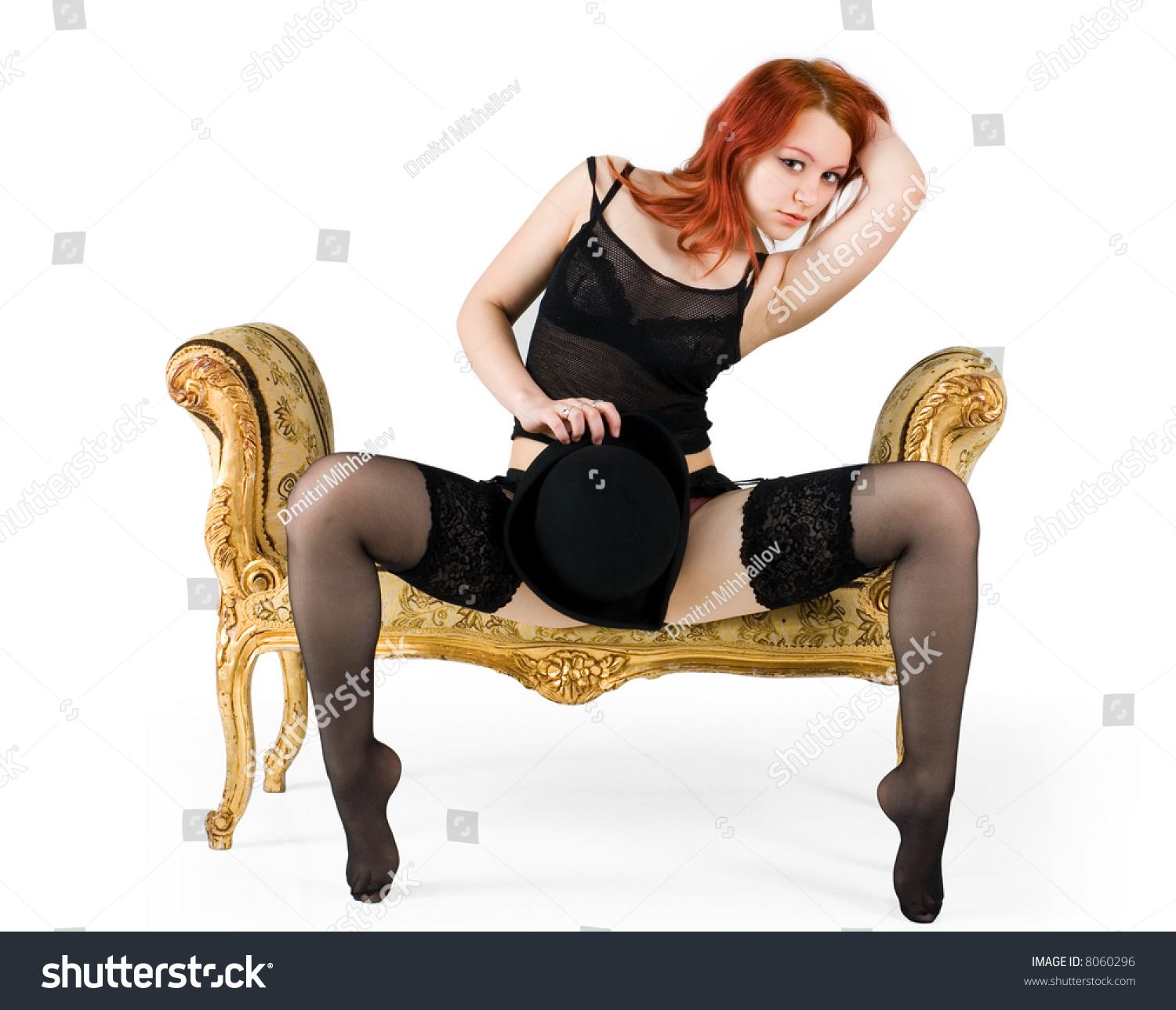 Redhead Chick With Black Stockings Screwed In A Sofa