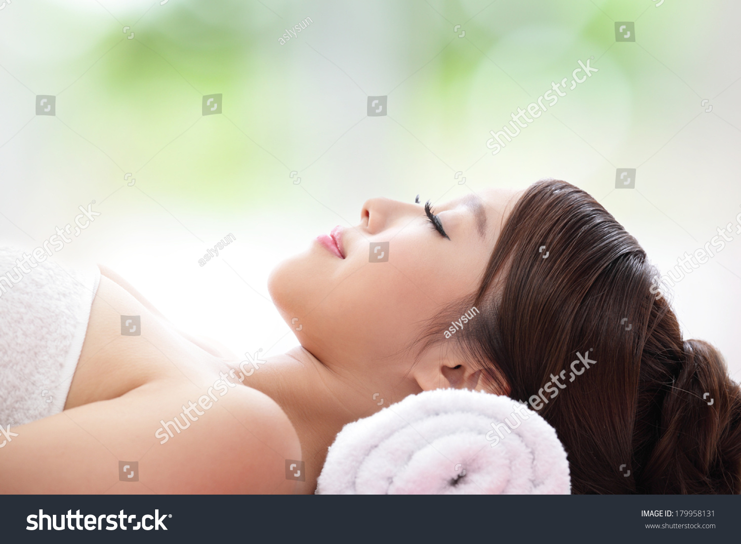 Relax Beautiful Woman Face Receiving Massage With Nature Green