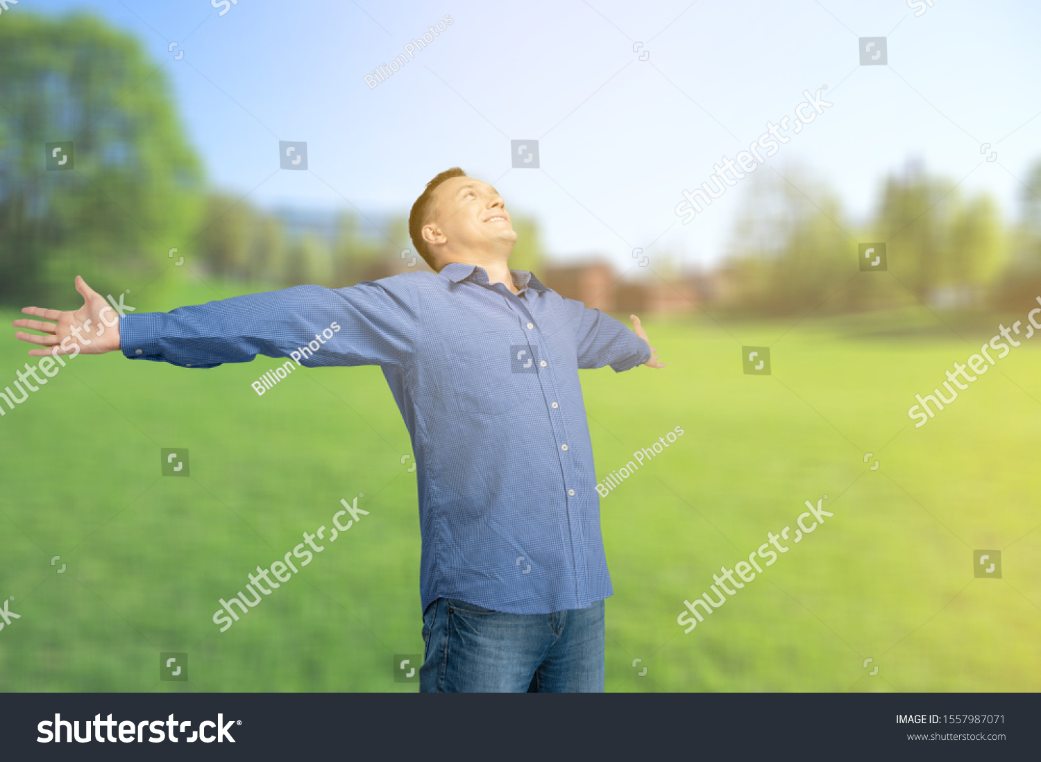 Relaxed Adult Man Breathing Fresh Air Stock Photo 1557987071 Shutterstock