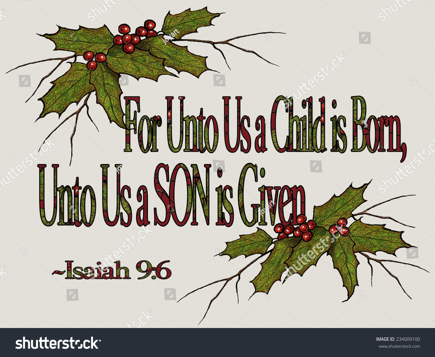 Religious Christmas Bible Verse, Isaiah, Holly, Berries, And Twigs
