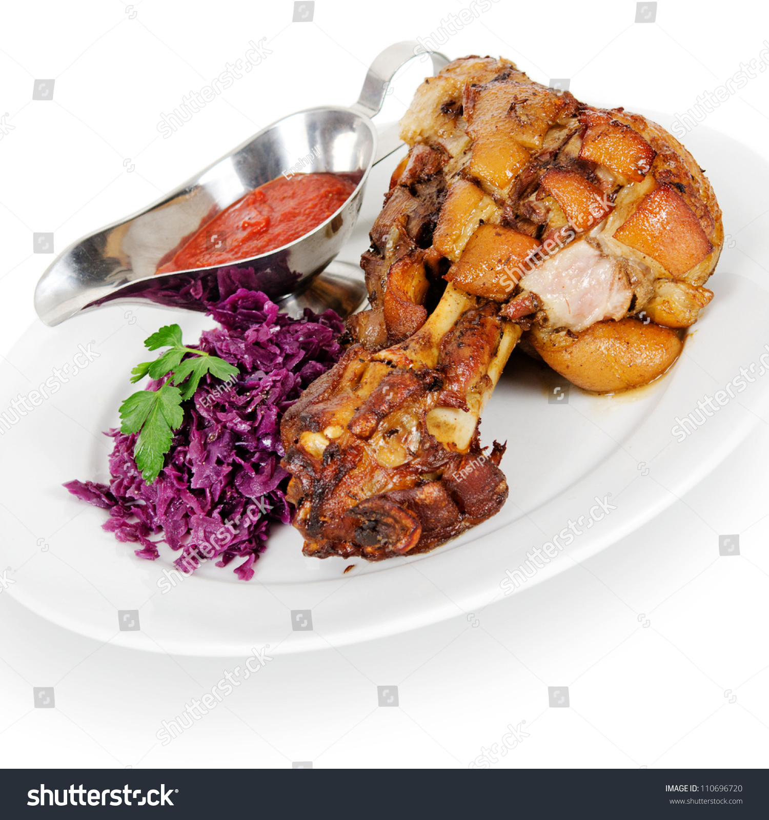 Roast Pork Knuckle In Beer With German Sauerkraut And Spicy Sauce Stock