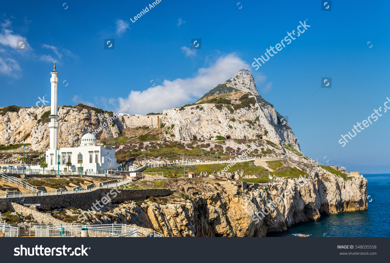 Rock of Gibraltar and Mosque seen from Europa Point in Gibraltar a British overseas territory Rock of Gibraltar and Mosque seen from Europa Point in Gibraltar a British overseas territory