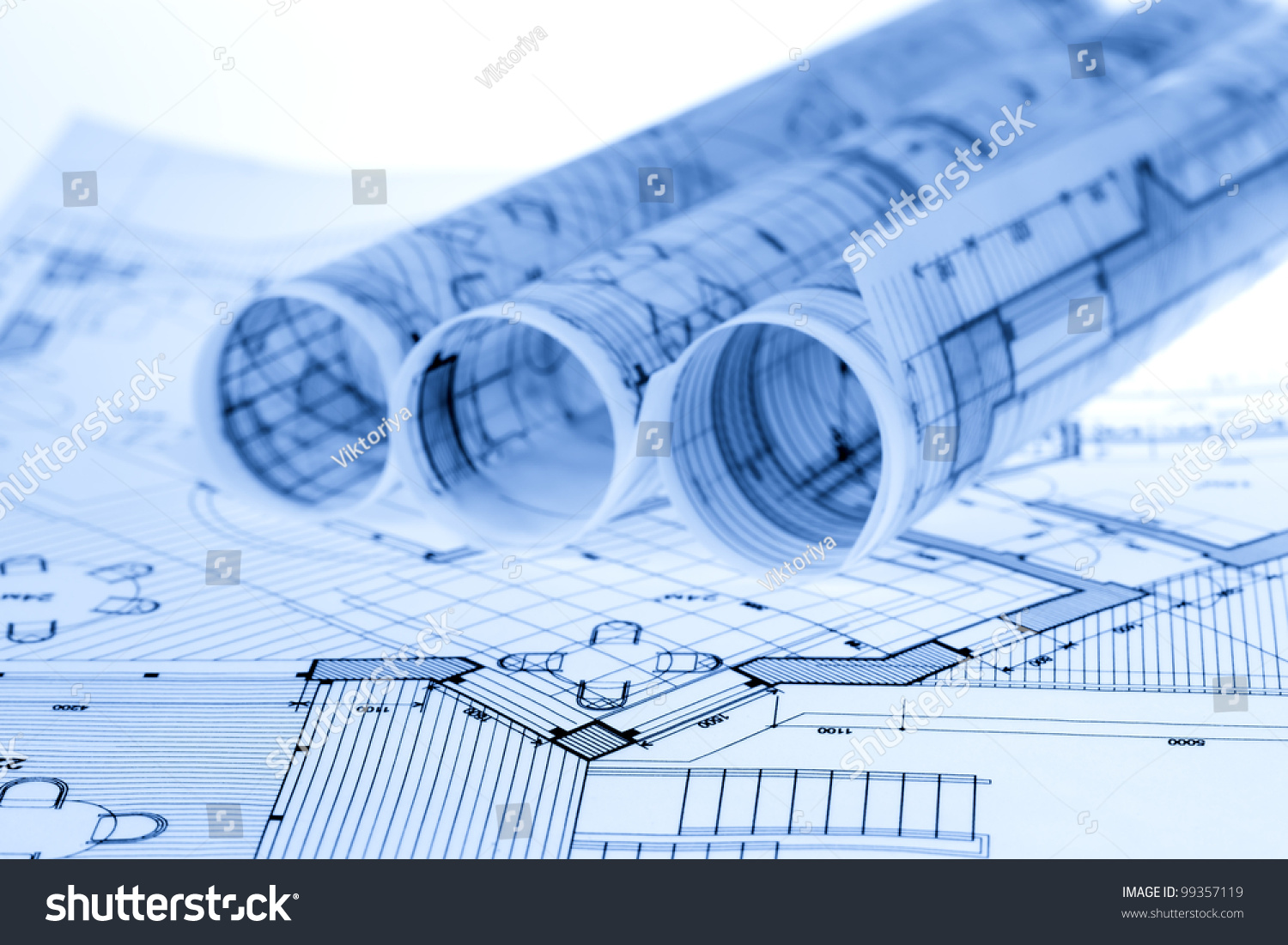 Rolls Of Architecture Blueprints & House Plans Stock Photo 99357119 ...