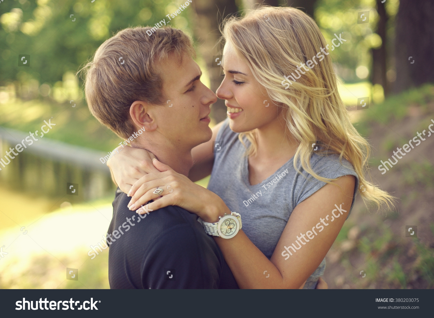 Romantic Caucasian Couple Hugging Park Young Stock Photo 380203075