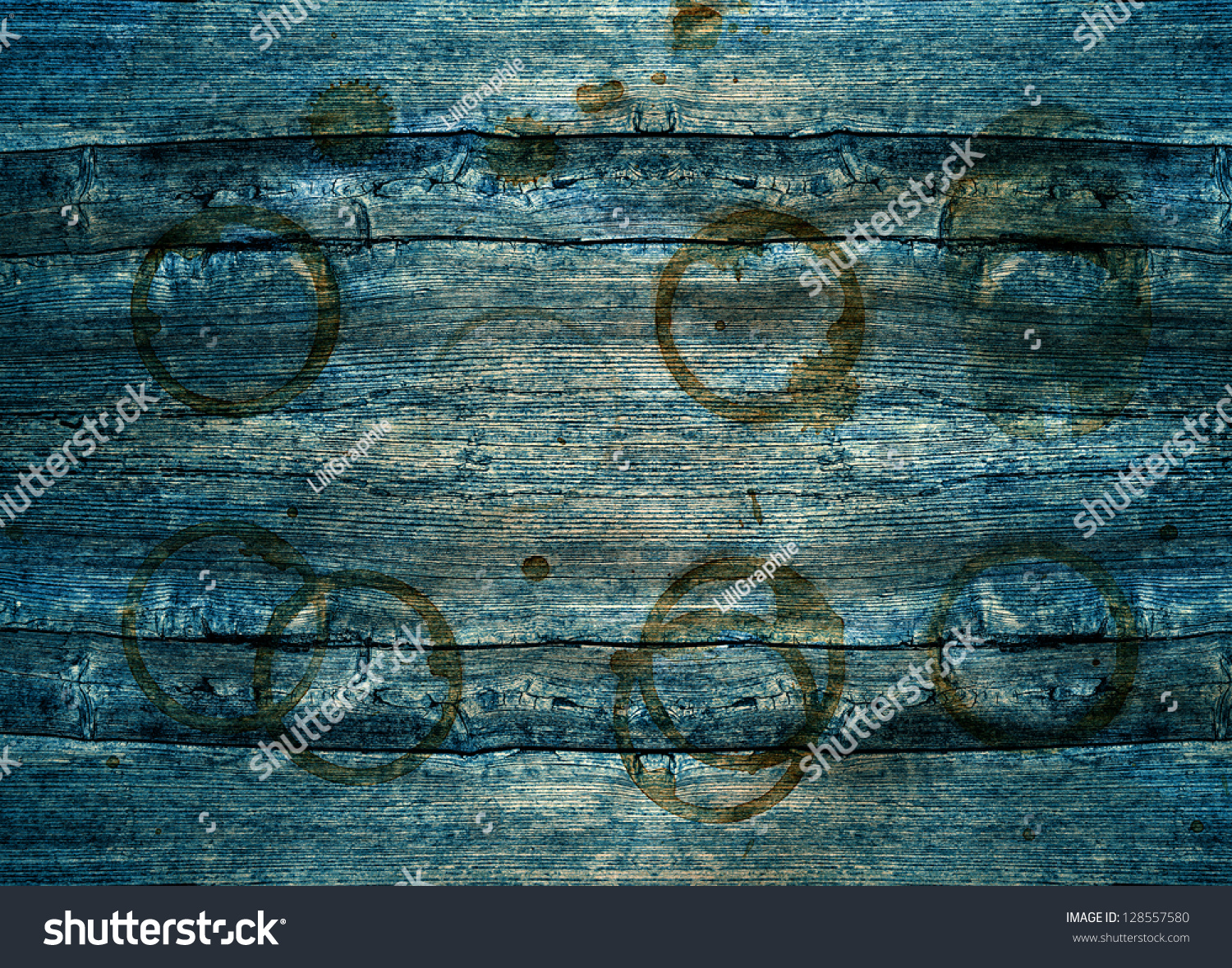 Rustic Blue Wooden Background With Brown Stains Stock Photo 128557580