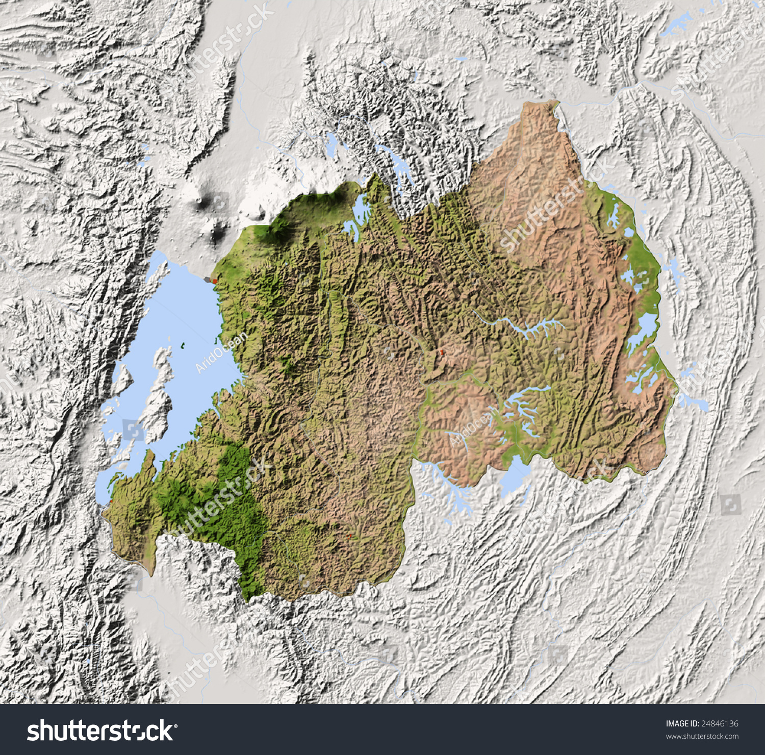 Rwanda Shaded Relief Map Surrounding Territory Greyed Out Colored