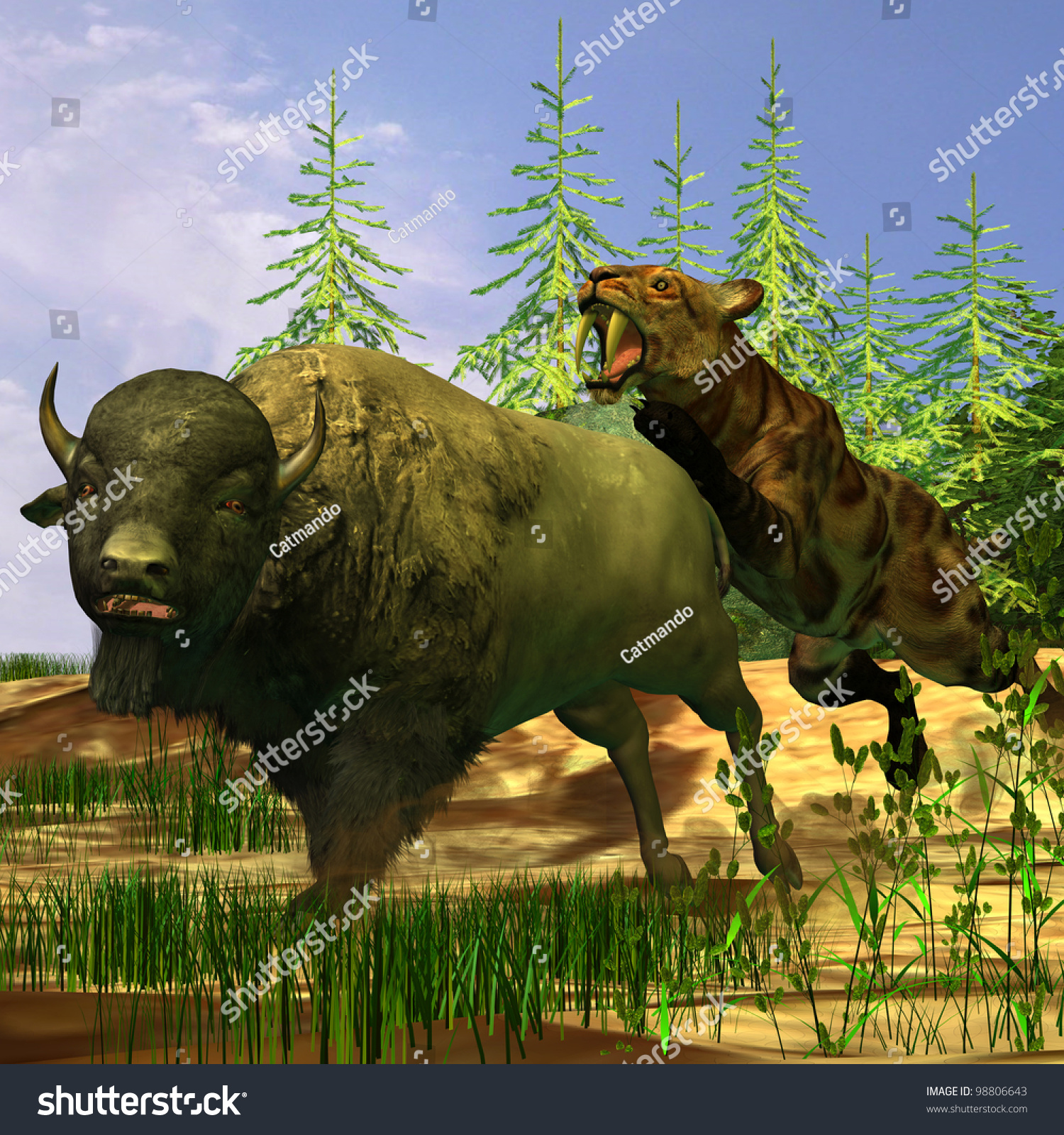 Saber-Tooth Tiger - A Saber-Tooth Cat Pounces Onto A Frightened Buffalo ...