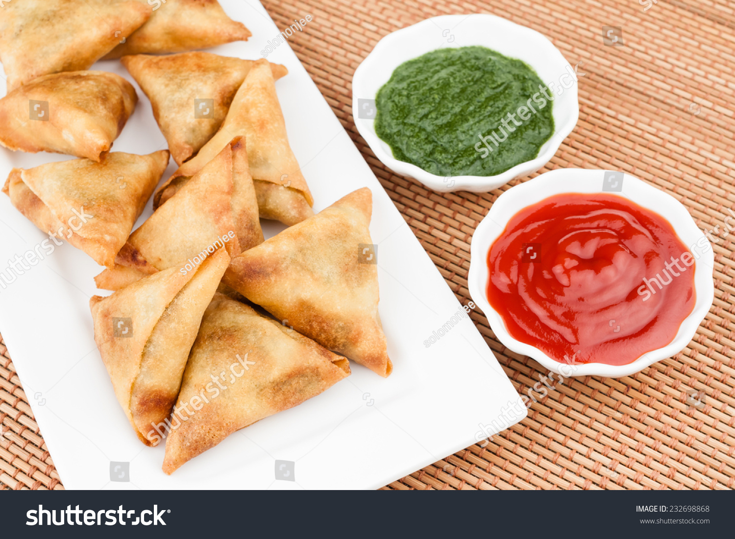 Samosa With Mint Chutney Overhead View Of Delicious Deep Fried South