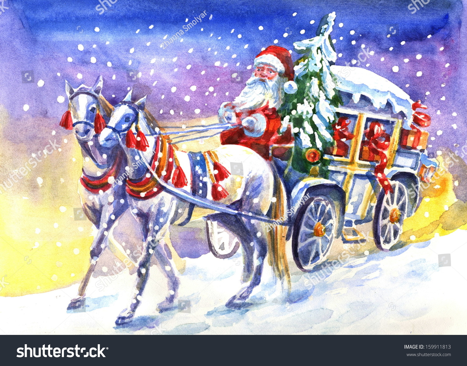 Vintage Christmas, Santa Claus Horse Open Sleigh Holiday 