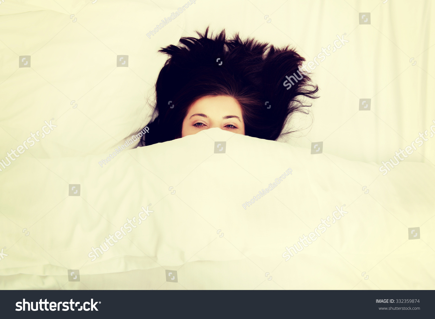 Scared Woman Hiding Behind Sheet Bed Stock Photo 332359874 - Shutterstock