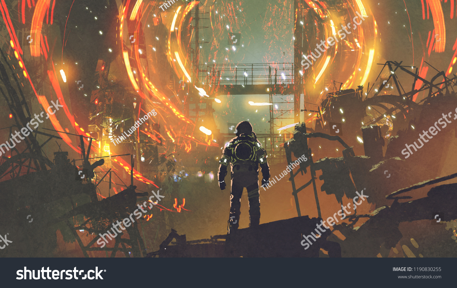 Scifi Scene Astronaut Looking Futuristic Portal Stock Illustration