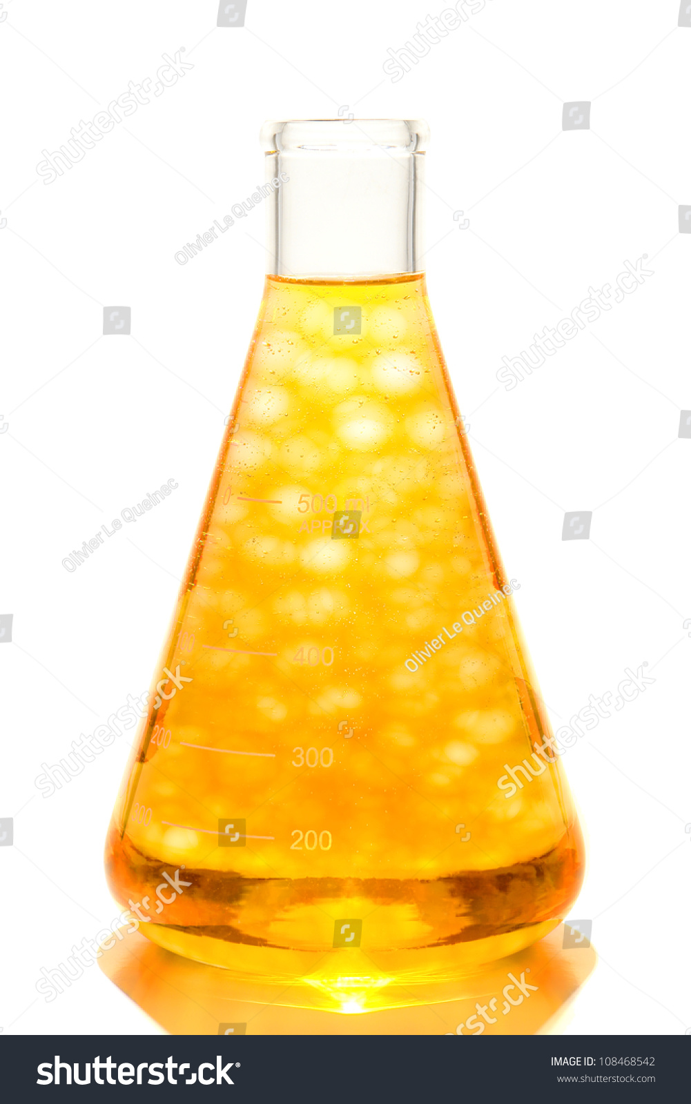 Scientific Laboratory Glass Conical Erlenmeyer Flask With Yellow Floating Chemical Liquid