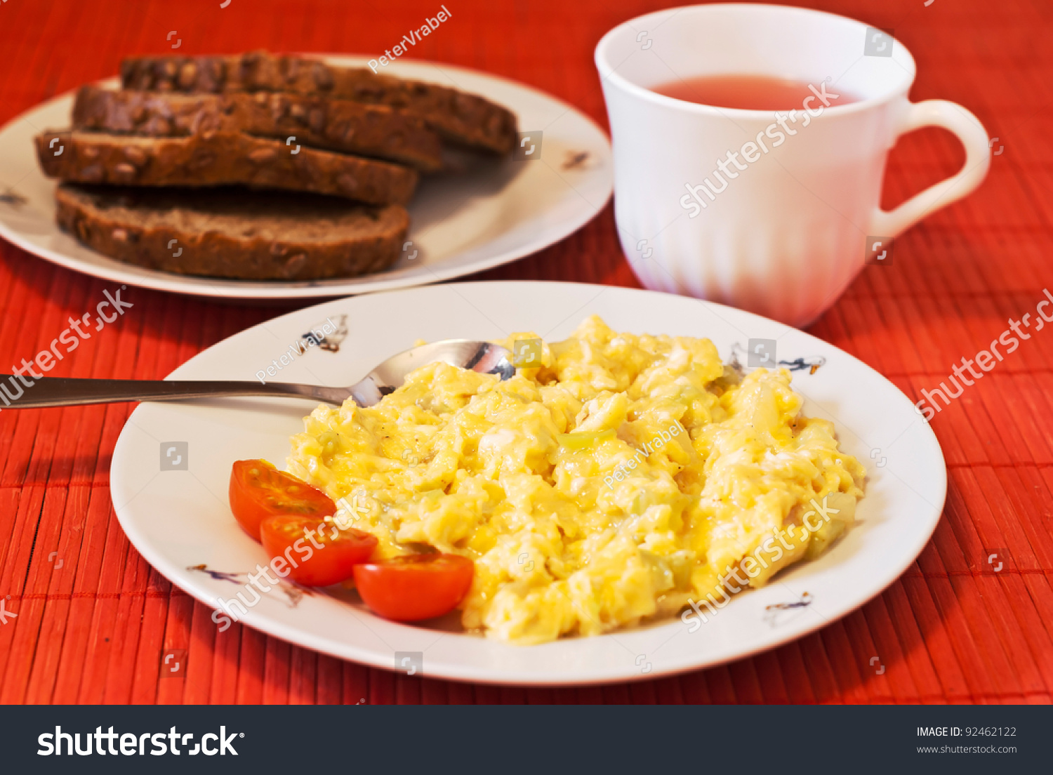 Scrambled Eggs With Bread And Tea Stock Photo 92462122 : Shutterstock