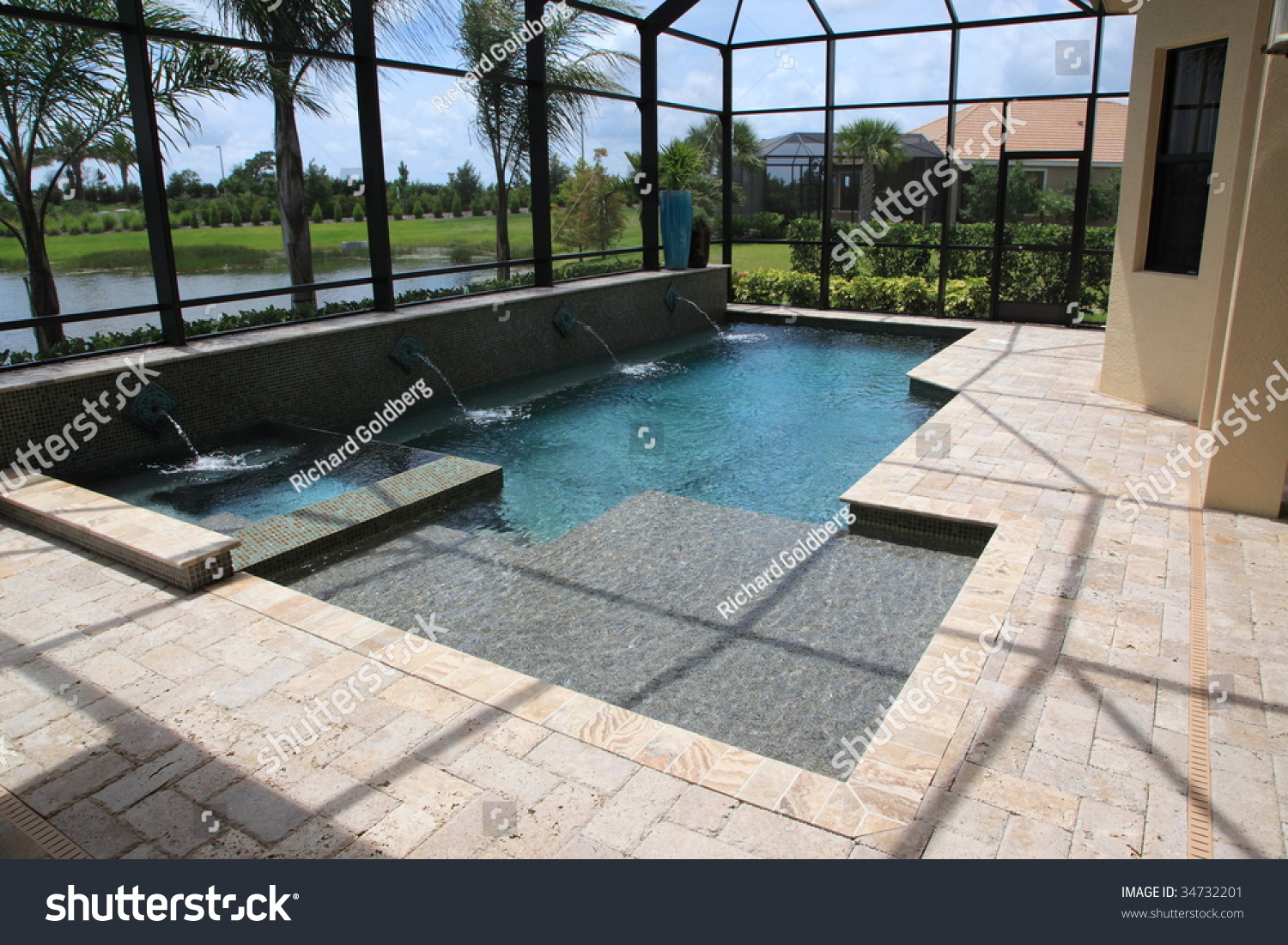 Screened In Outdoor Luxury Swimming Pool Stock
