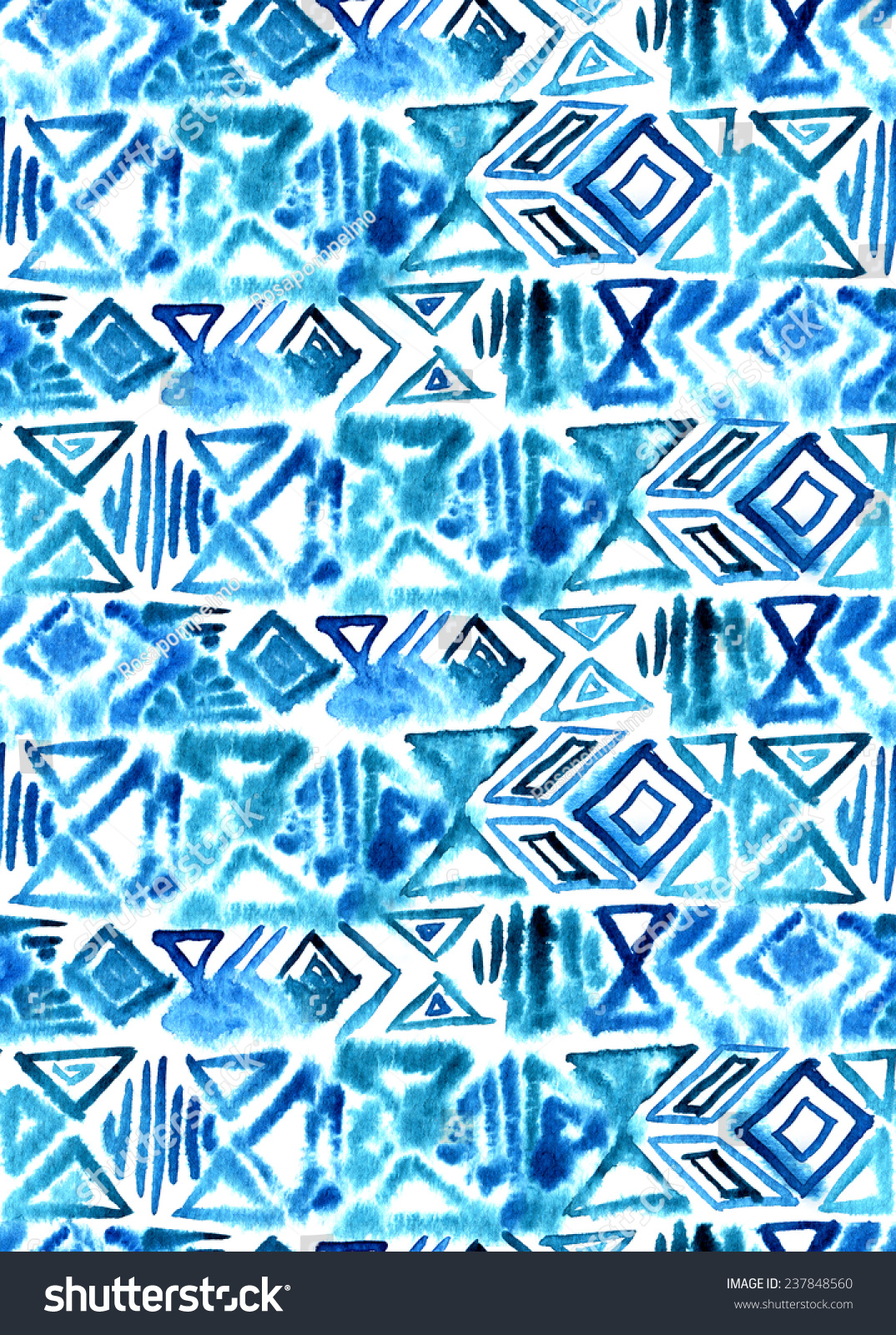 Seamless Blue Primitive Aztec Pattern Watercolor Stock Illustration