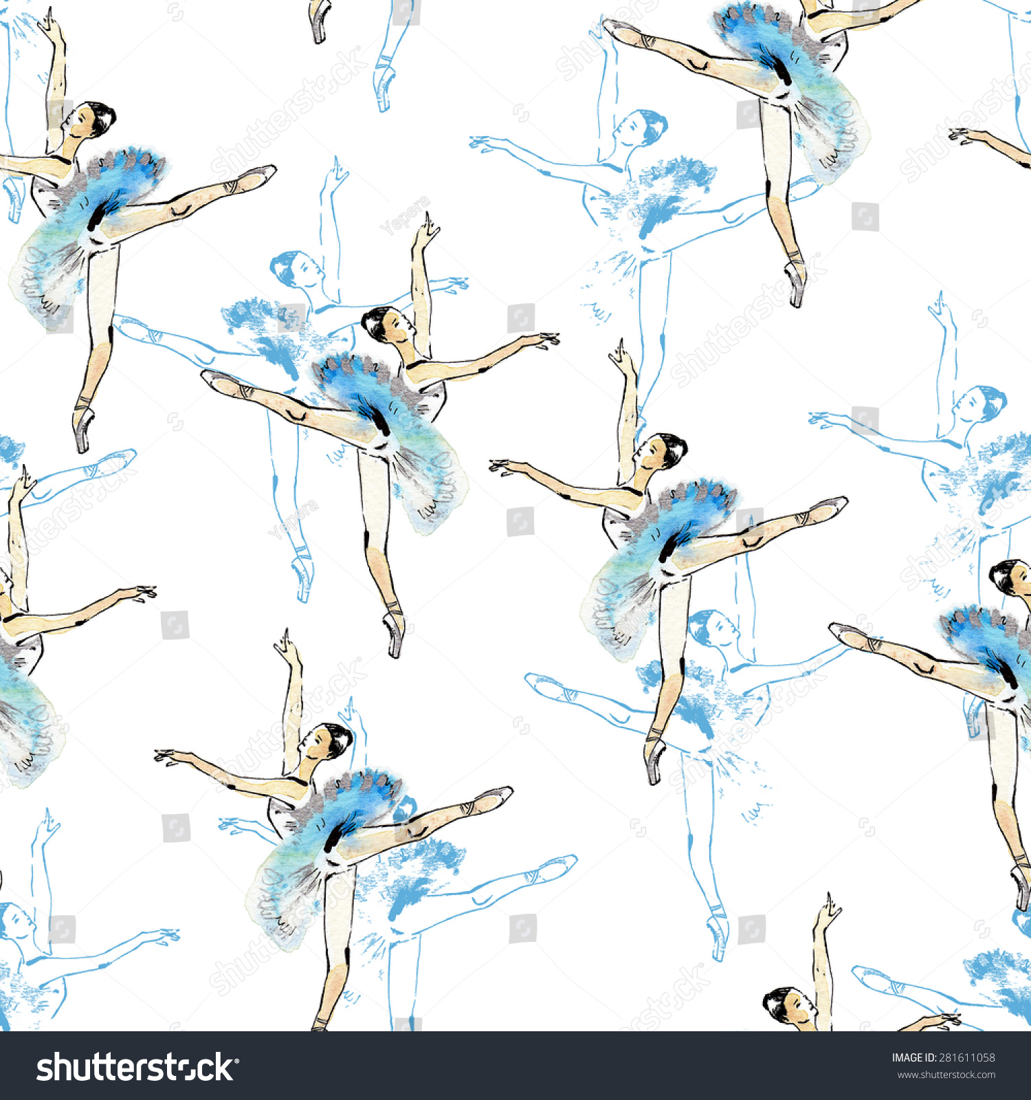 Seamless Pattern Of Ballet Dancers In Arabesque Pose Black Blue And Silver Drawing Watercolor